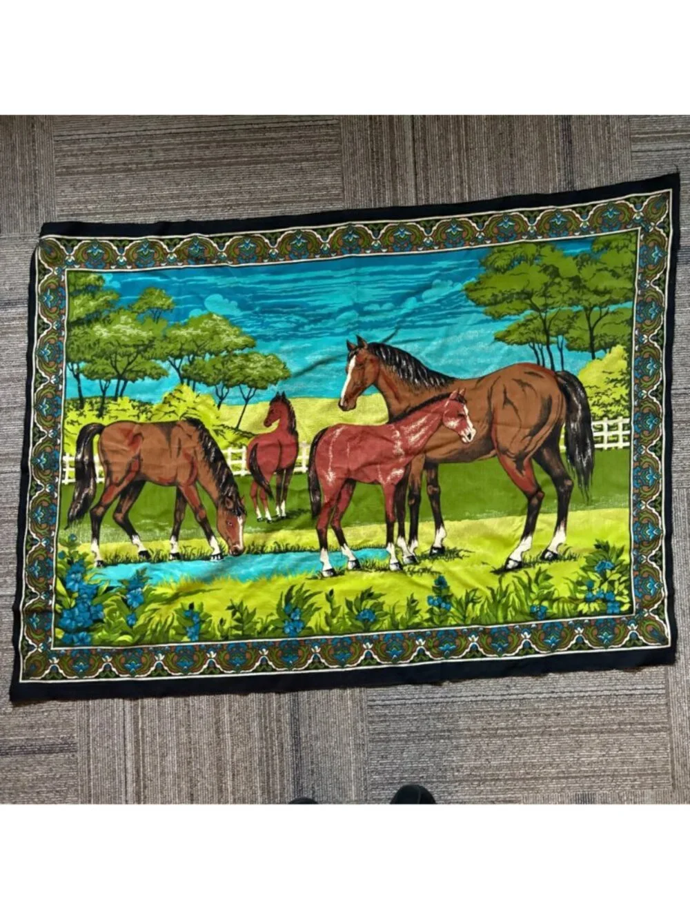 Vintage Horse Tapestry Wall Hanging 40 x 54 Mid Century Rustic Equestrian Decor